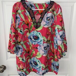 Soft Surroundings Hidden Villa Floral Linen Blend Tunic Top Size Xl
